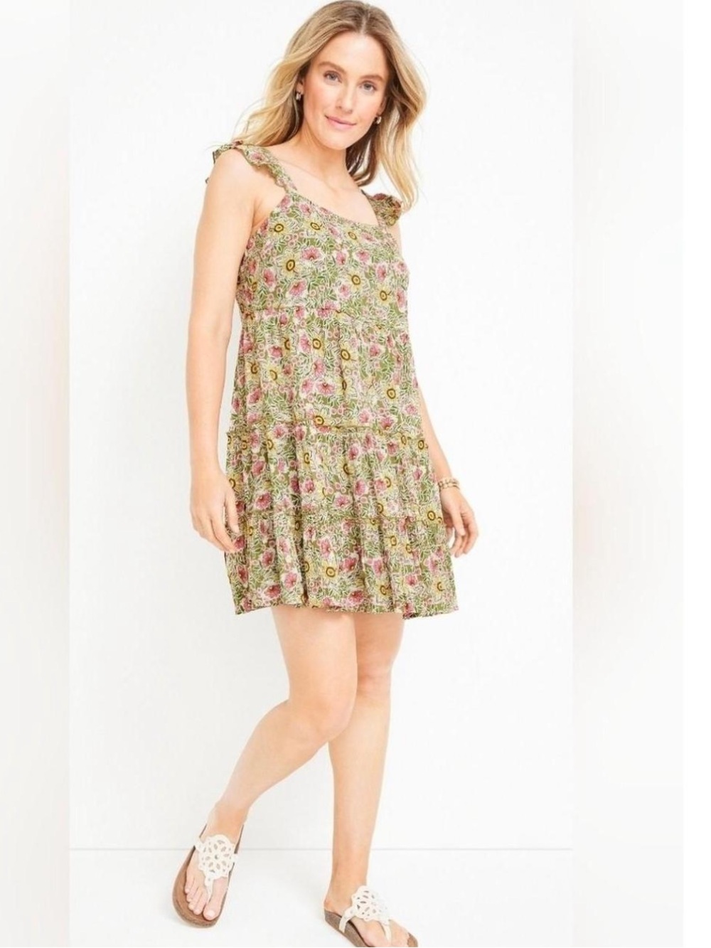 NWOT Maurices Green Floral Open Back Tiered Mini Dress